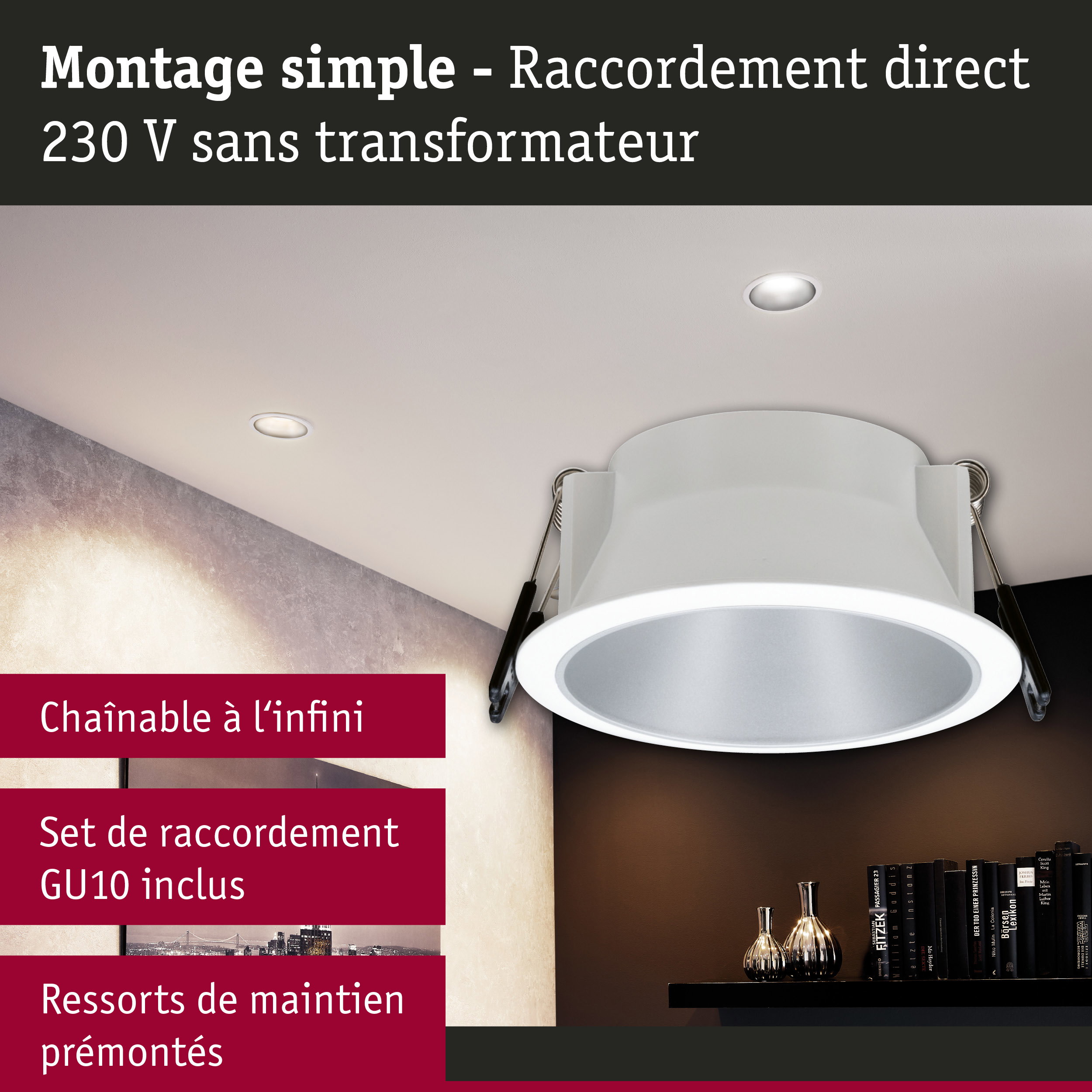 Spot encastré blanc en plastique avec douille GU10 et montage direct 230V simple