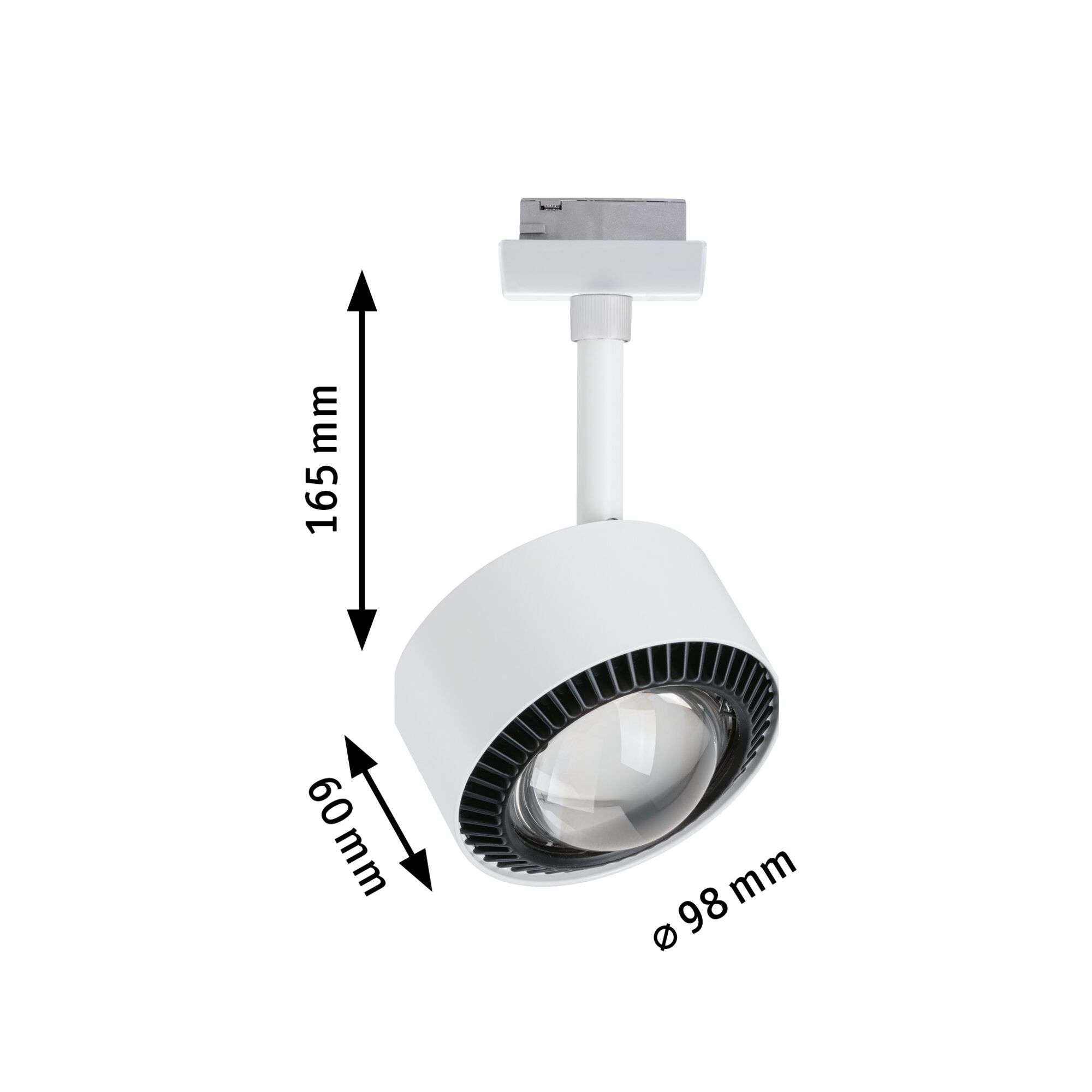 Weißer LED-Strahler aus Kunststoff mit 98 mm Durchmesser und 165 mm Höhe für Schienensysteme