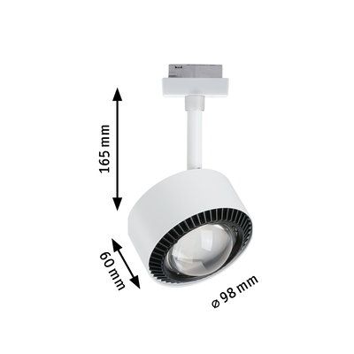 Weißer LED-Strahler aus Kunststoff mit 98 mm Durchmesser und 165 mm Höhe für Schienensysteme