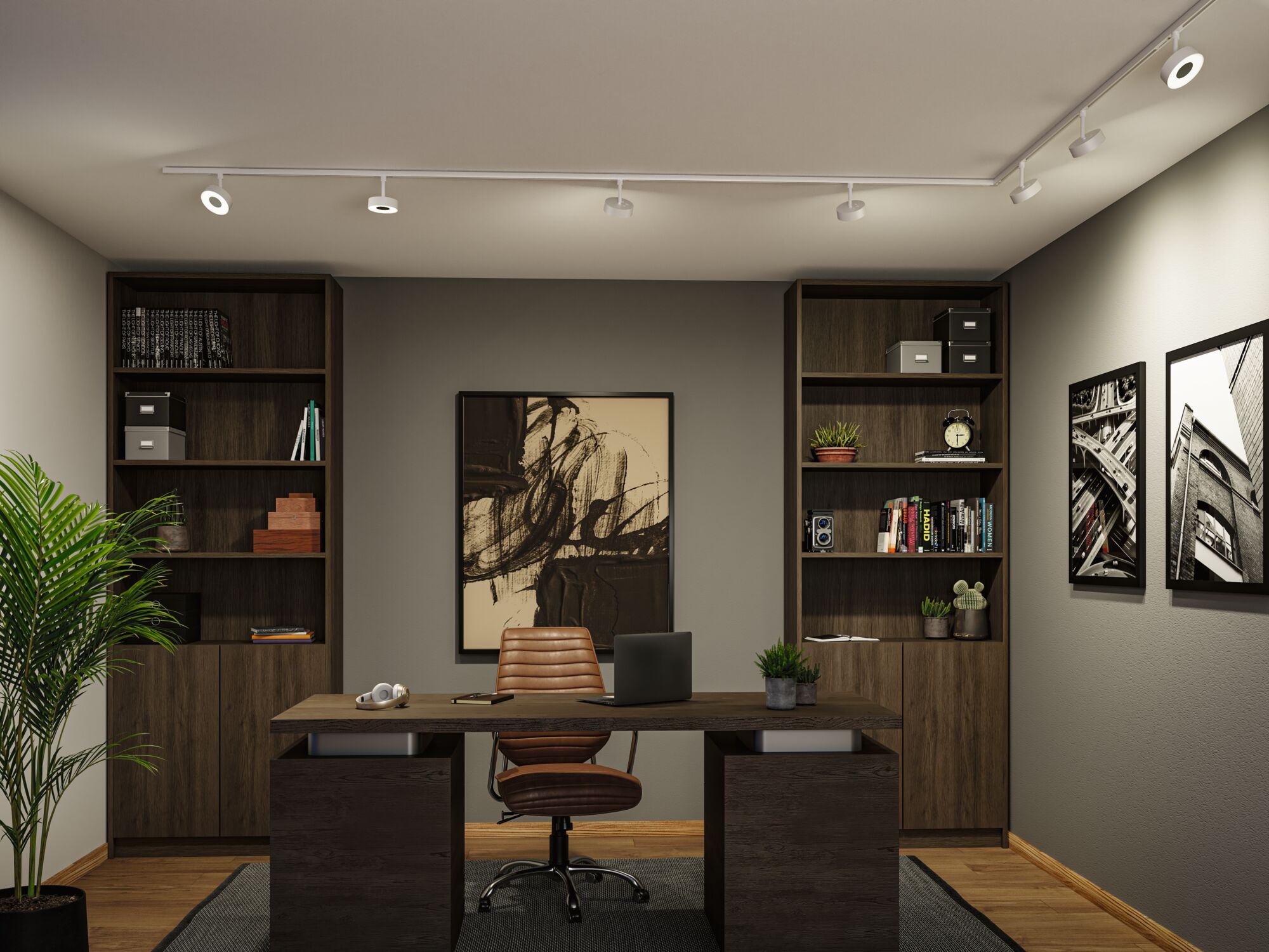 Moderne kantoorruimte met bruin houten bureau, leren stoel en witte LED-plafondspots voor accentverlichting