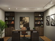Modern office with brown wooden desk, leather chair and white LED ceiling spotlights for accent lighting