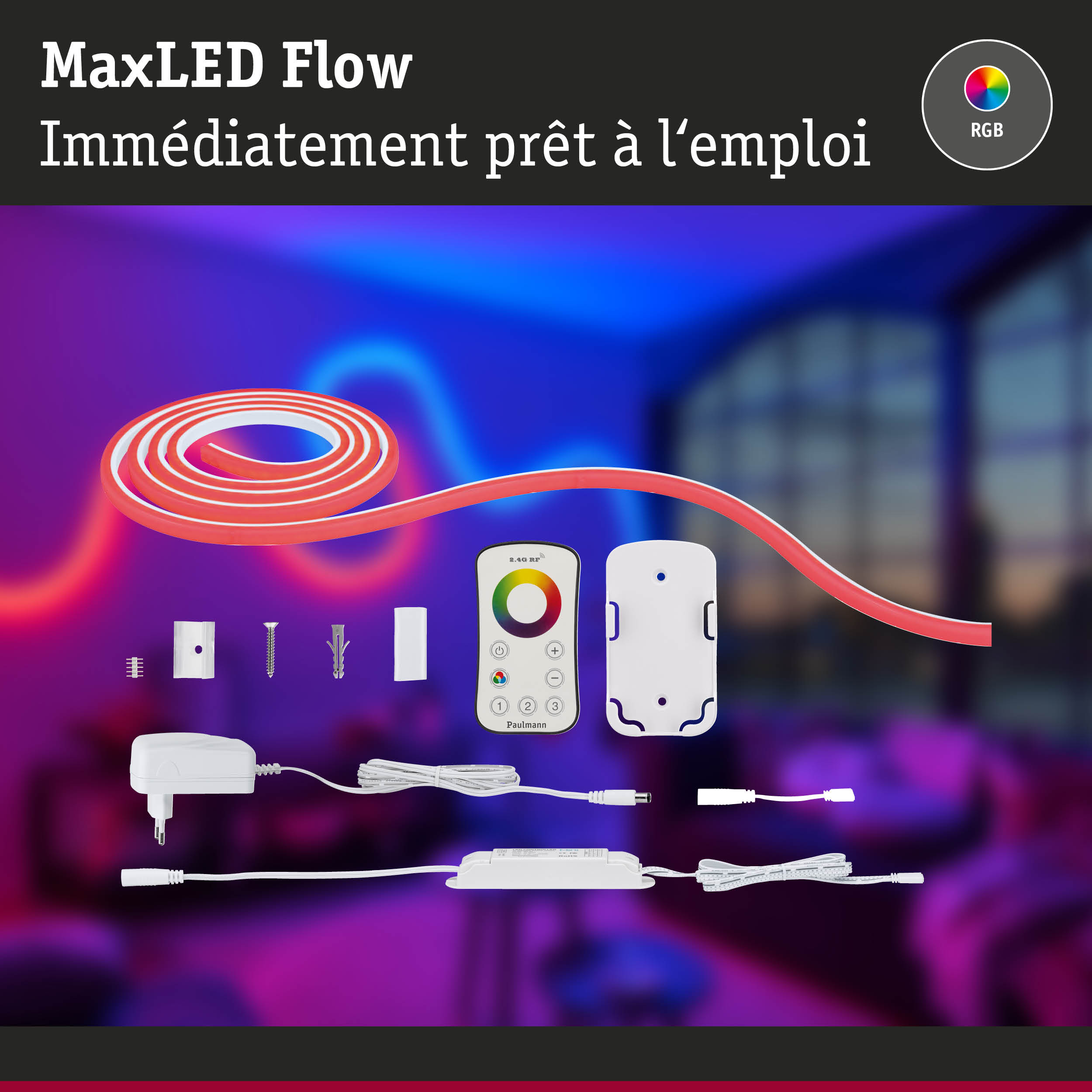 Bande LED MaxLED Flow RGB avec télécommande et alimentation pour éclairage coloré