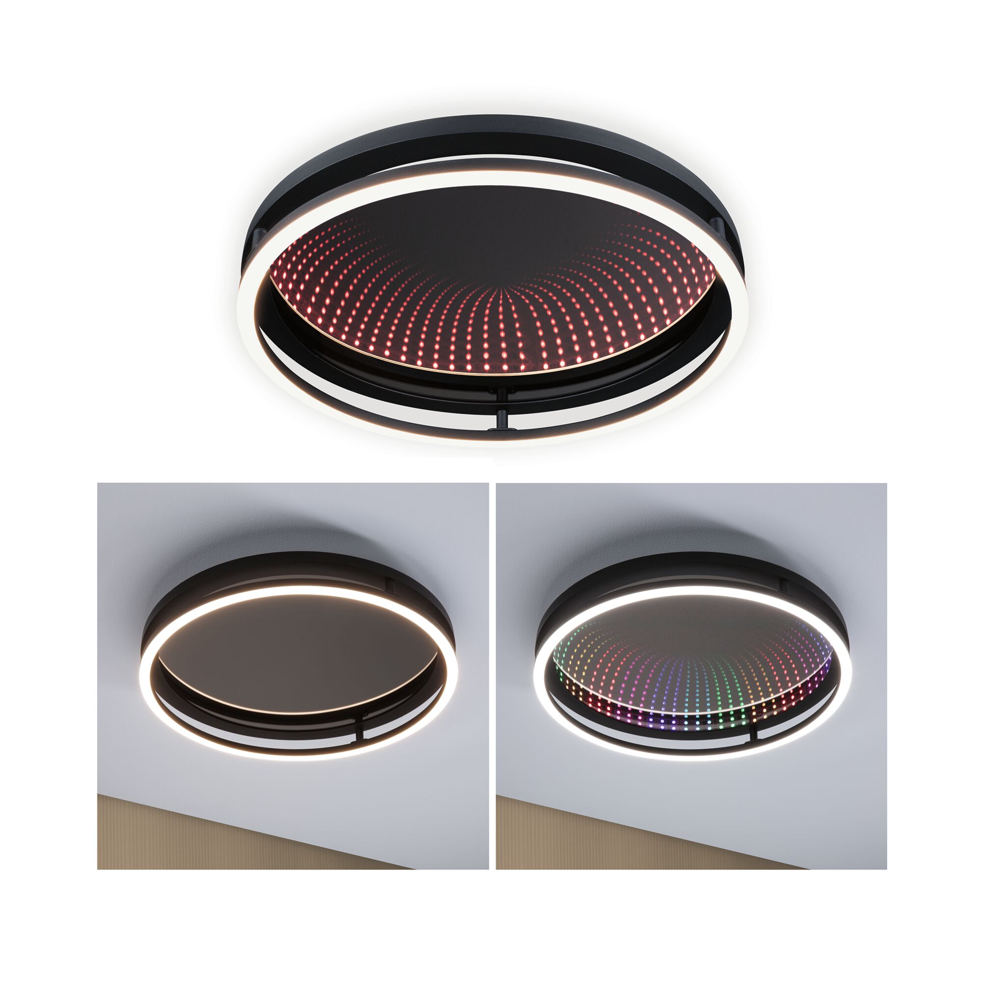 Wand-/Deckenleuchte Spaceglow One RGB+ 2000lm 230V 34,5W dimmbar Schwarz matt Runde LED-Deckenleuchte in Schwarz mit Infinity-Spiegeleffekt und dimmbarer Lichtfunktion für Wohnräume