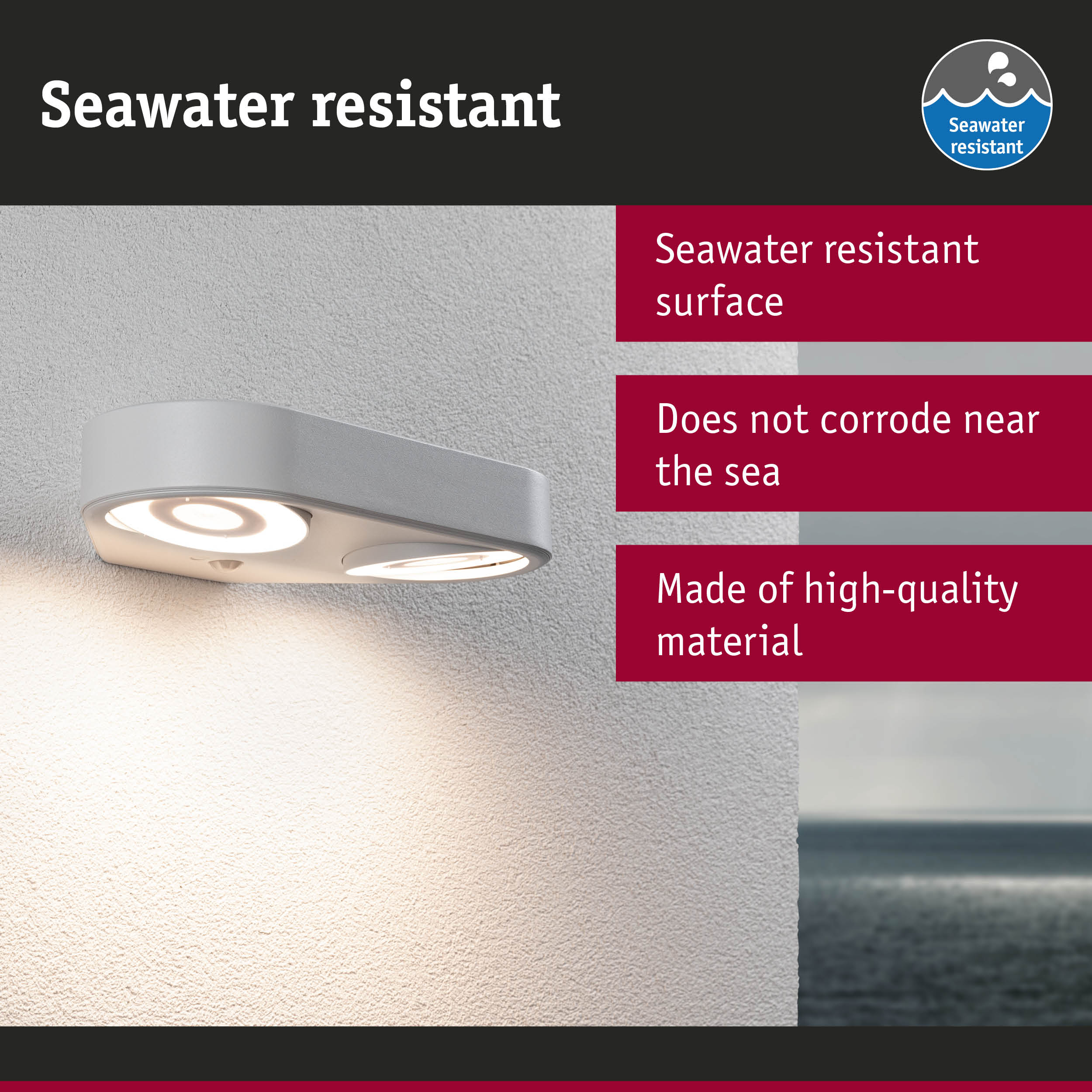 Grey outdoor wall light with seawater resistant surface and LED illumination for coastal areas