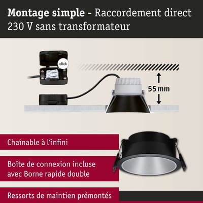 Spot encastrable noir avec profondeur 55 mm et raccordement direct 230 V sans transformateur, boîte de connexion incluse