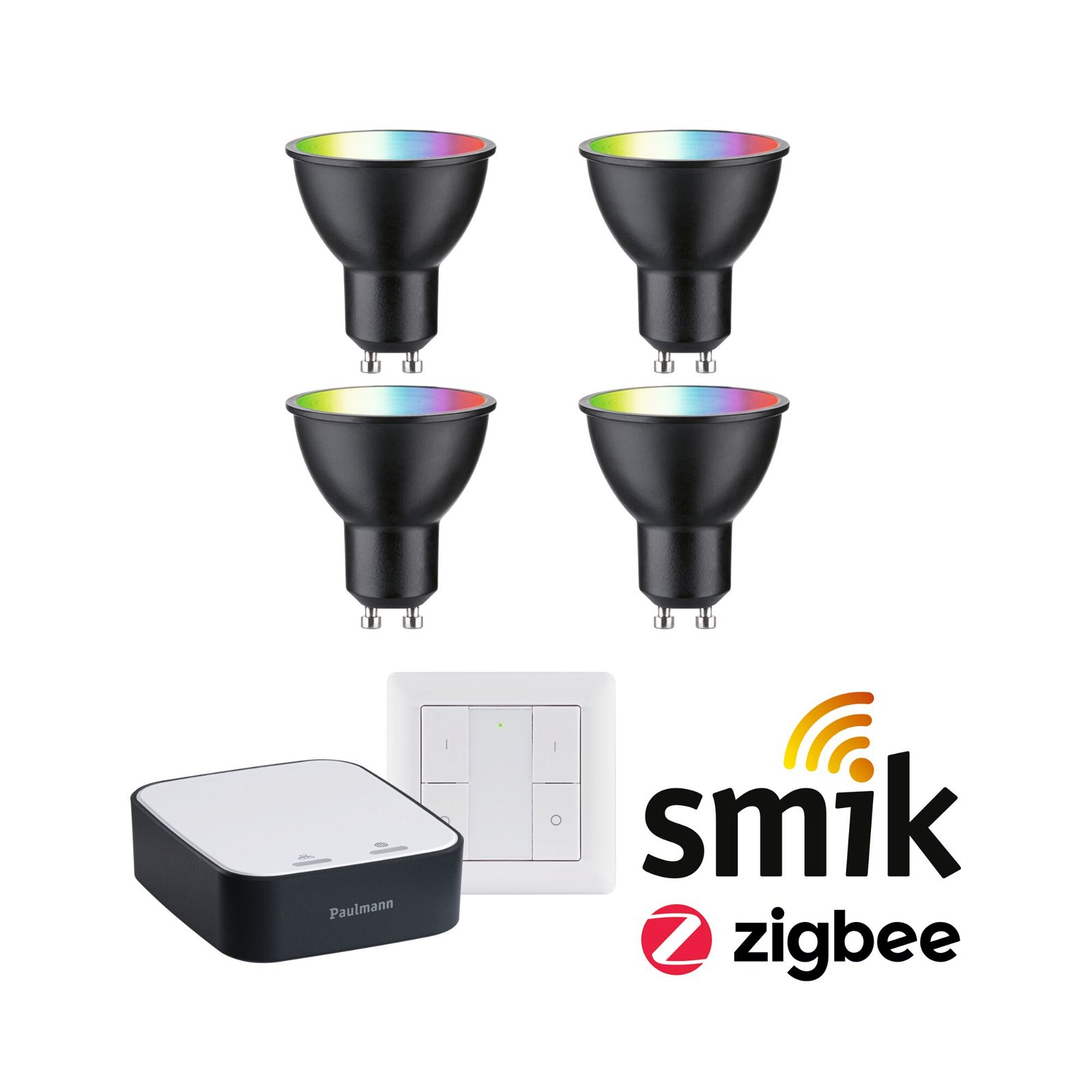 Attractively priced starter set Zigbee 3.0 Smart Home smik Gateway + LED Reflector GU10 RGBW + Switch