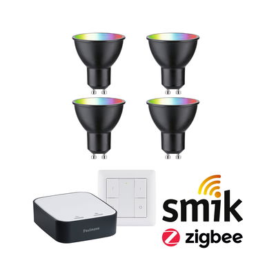 Set of four black GU10 RGB LED bulbs with smik Zigbee controller and wall remote for smart lighting