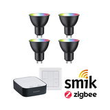 Set of four black GU10 RGB LED bulbs with smik Zigbee controller and wall remote for smart lighting
