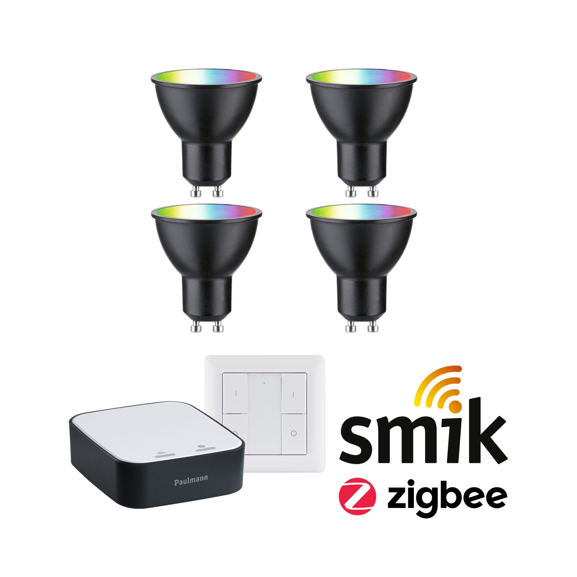 Zestaw startowy w atrakcyjnej cenie Zigbee 3.0 Smart Home smik Gateway + LED Reflektor GU10 RGBW + przełącznik Set of four black GU10 RGB LED bulbs with smik Zigbee controller and wall remote for smart lighting