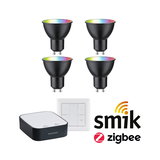 Vier zwarte GU10 RGB LED-lampen met smik Zigbee-controller en wandafstandsbediening voor slimme verlichting