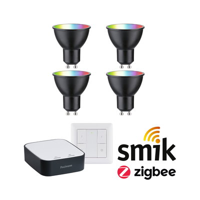 Vier zwarte GU10 RGB LED-lampen met smik Zigbee-controller en wandafstandsbediening voor slimme verlichting