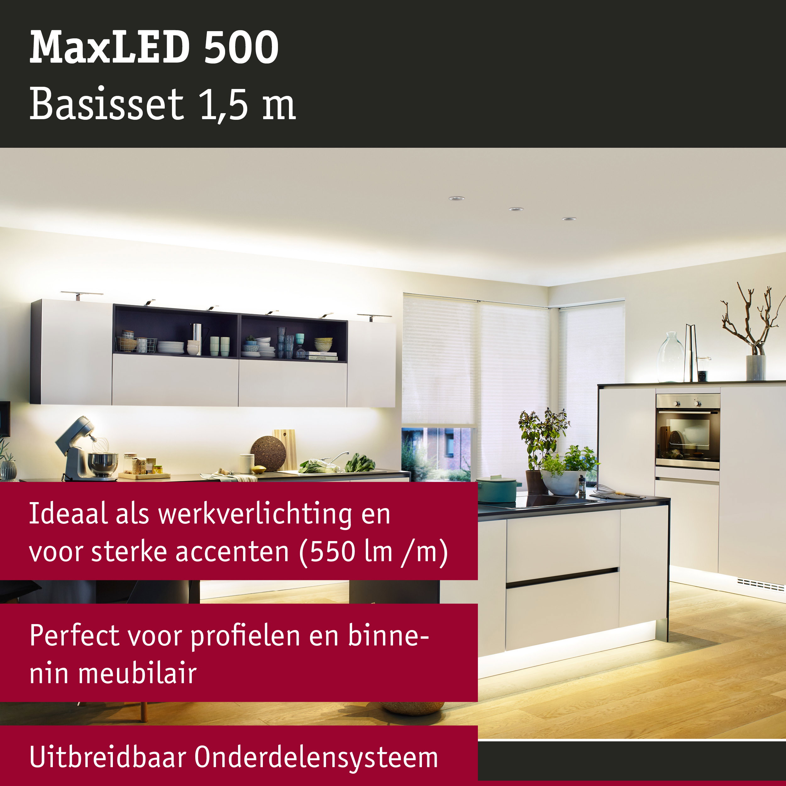 Moderne witte keuken met MaxLED 500 LED-verlichting ideaal voor werk- en accentverlichting