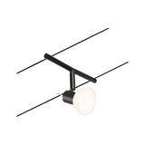 Schwarze Seilstrahler-Leuchte mit weißem Lampenschirm aus Glas für moderne Beleuchtung.