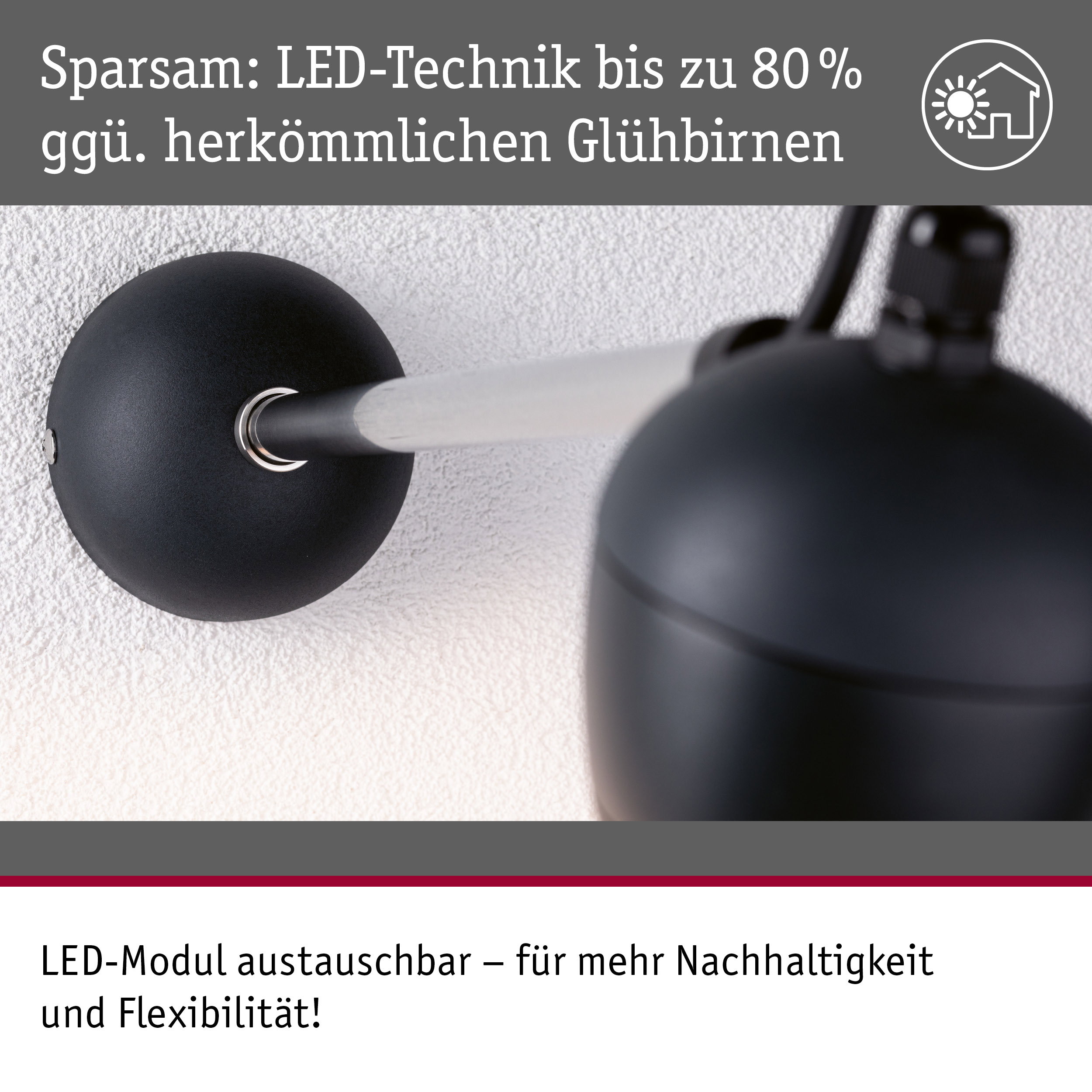 Schwarze LED-Wandleuchte mit austauschbarem Modul für energiesparende Beleuchtung und Nachhaltigkeit
