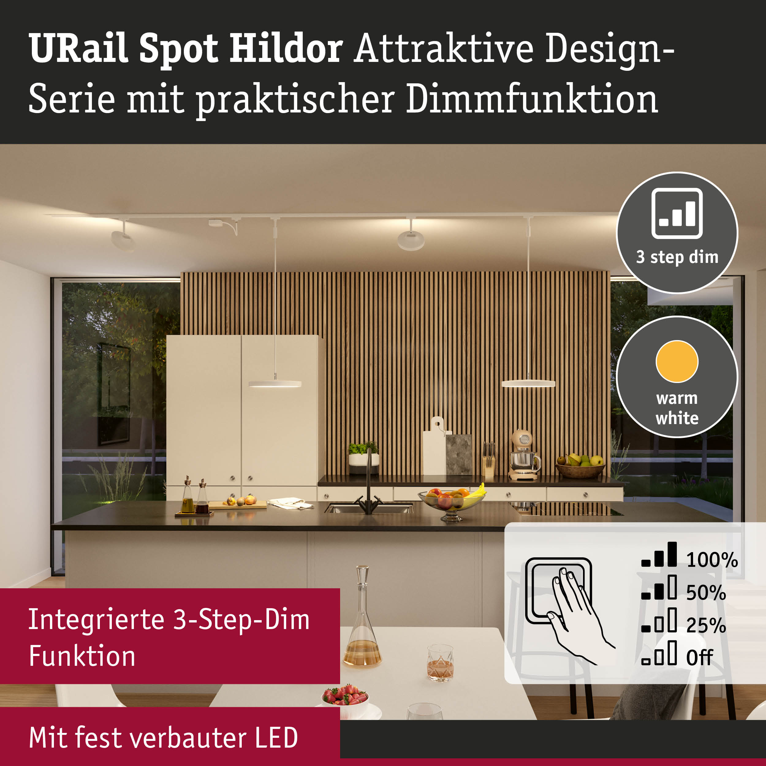 URail Spot Hildor weiße LED-Schiene mit 3-Stufen-Dimmfunktion für moderne Küchenbeleuchtung