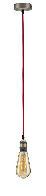 Pendant lamp with red fabric cable and vintage warm amber bulb for stylish home lighting