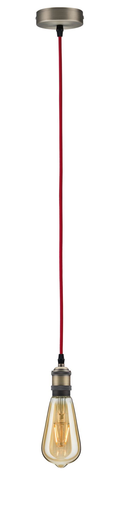 Hanglamp met rode stoffen kabel en vintage warme amberkleurige lamp voor sfeervolle verlichting