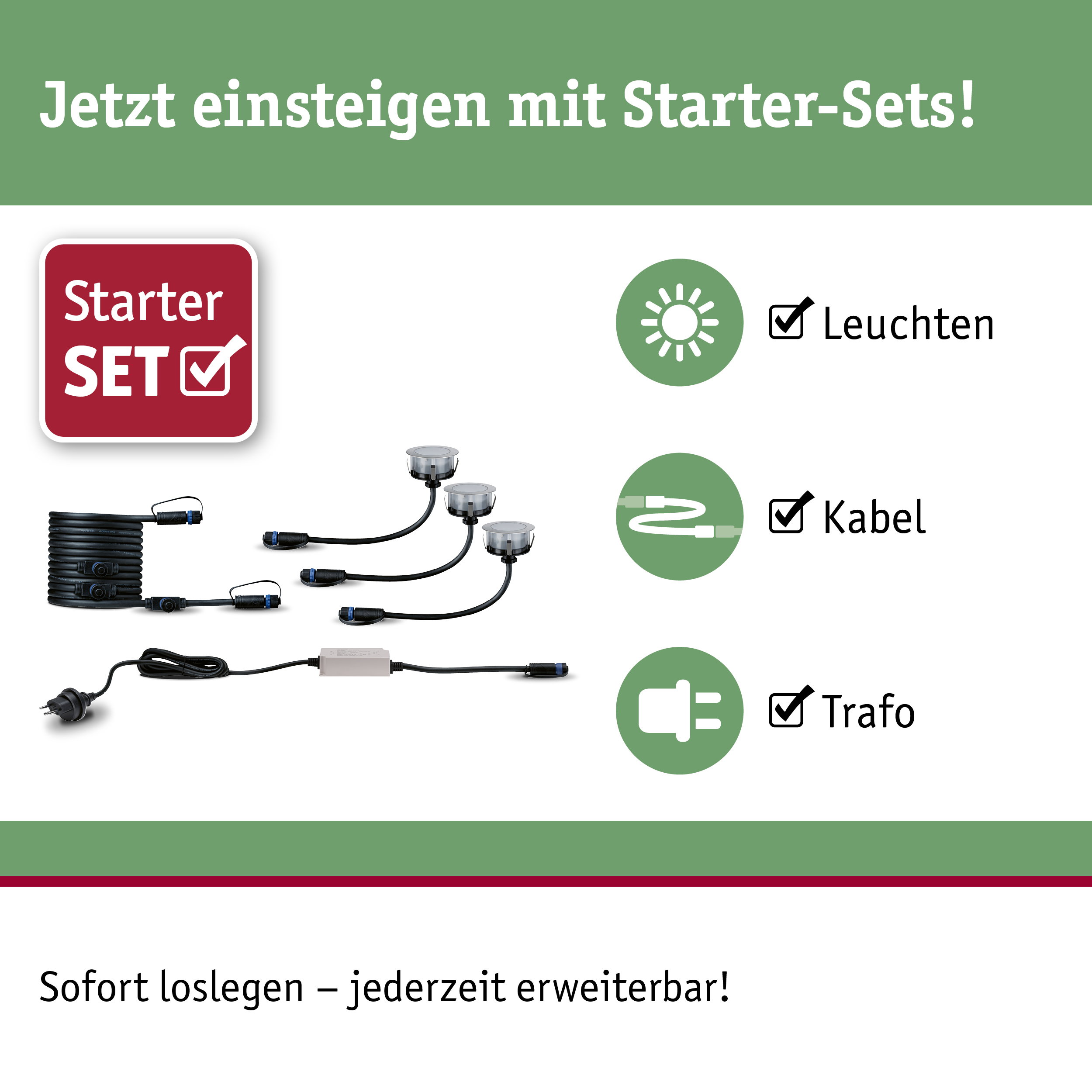 Starter-Set mit LED-Leuchten, Kabel und Trafo für einfache Gartenbeleuchtung sofort erweiterbar