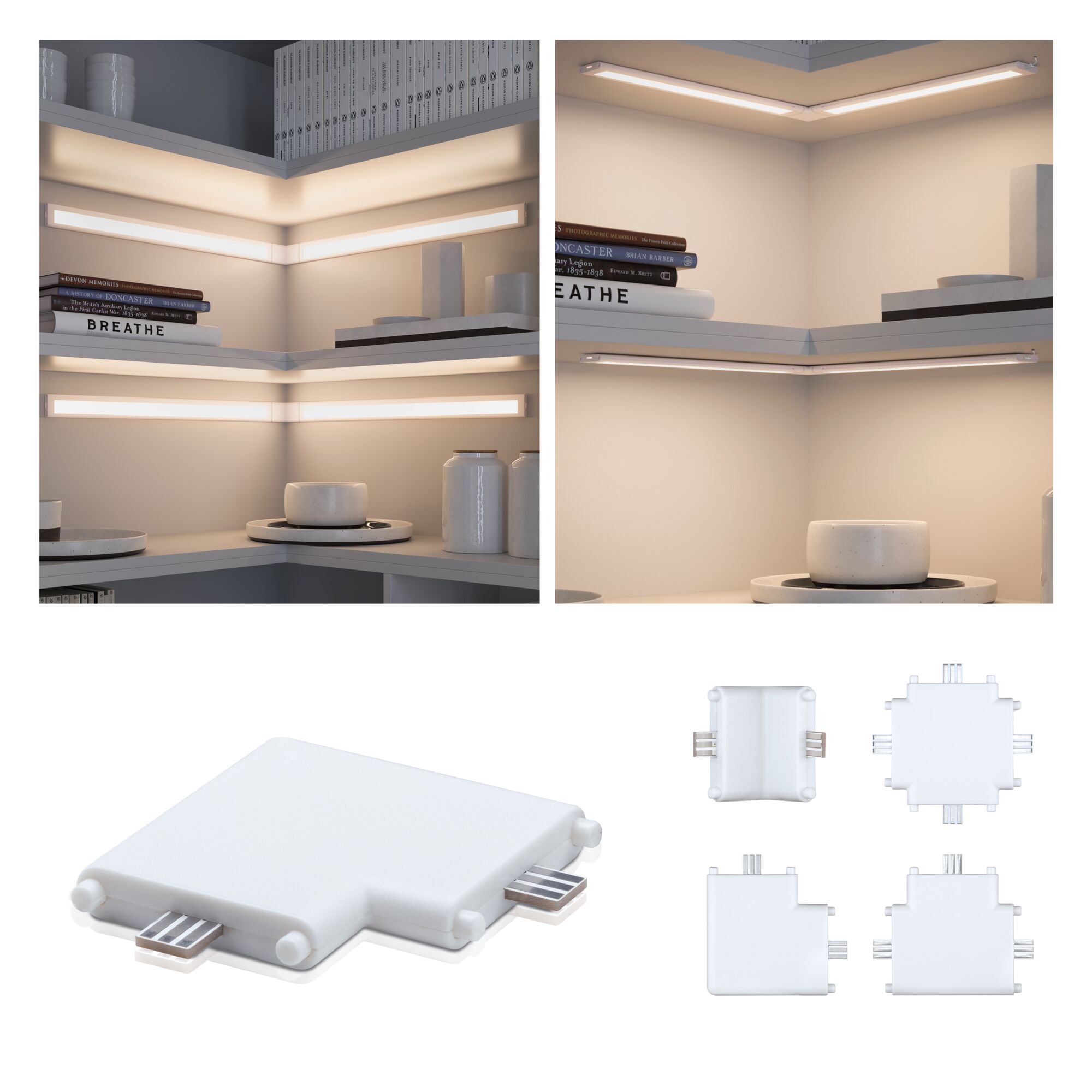 Clever Connect El-samler Border Hjørnesamler 50x50mm Mat hvid Hvide LED-hjørneforbindelser i plastik til fleksible lysstrimler i moderne rum.