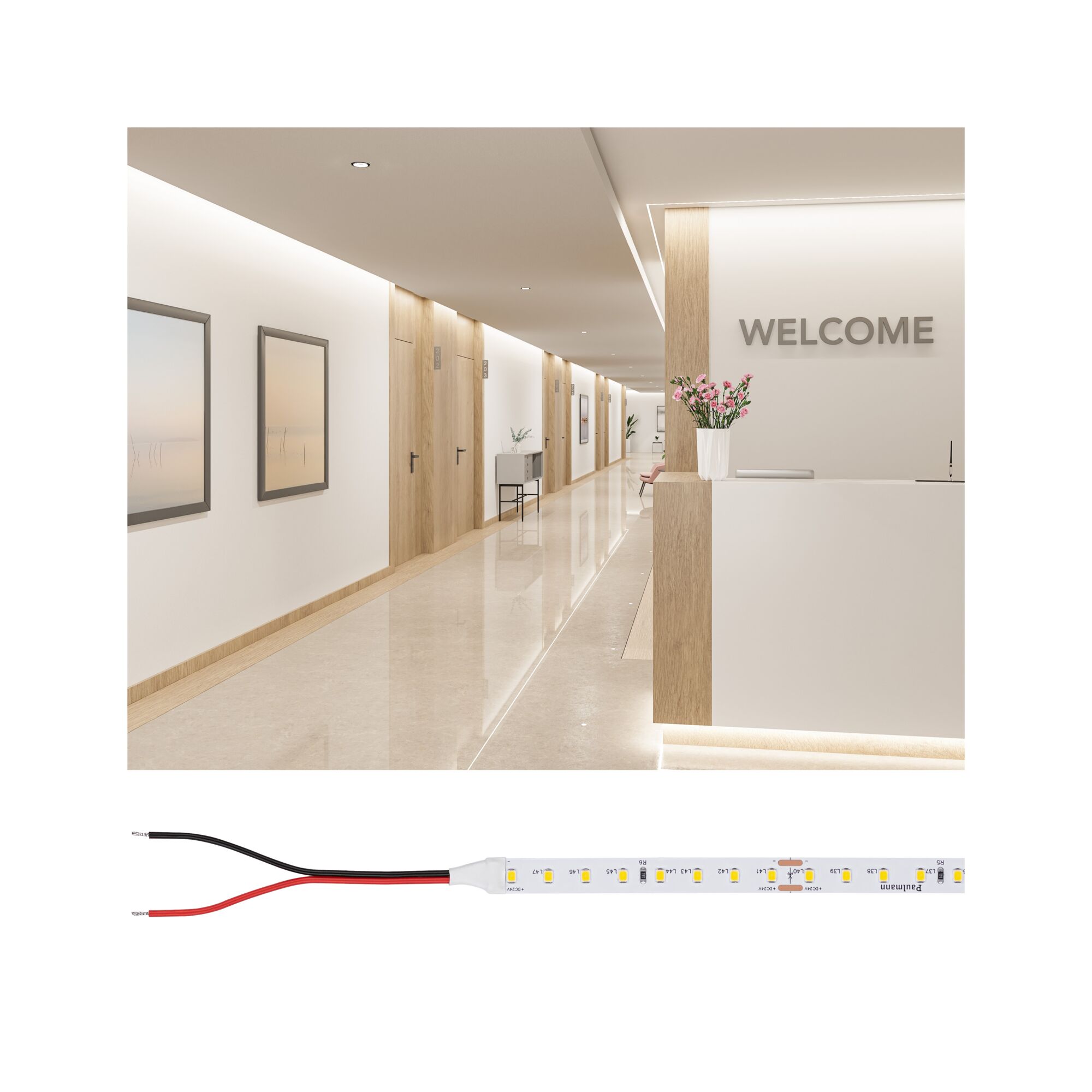 LED-Lichtband mit weißen LEDs und Anschlusskabeln, ideal für moderne Innenbeleuchtung und Akzentbeleuchtung.