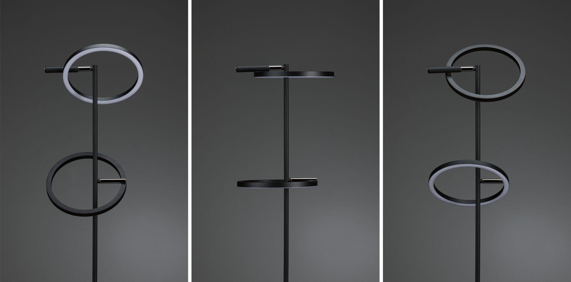 Schwarze LED-Stehleuchte mit zwei runden Leuchtringen aus Metall, modernes Design für Wohnräume