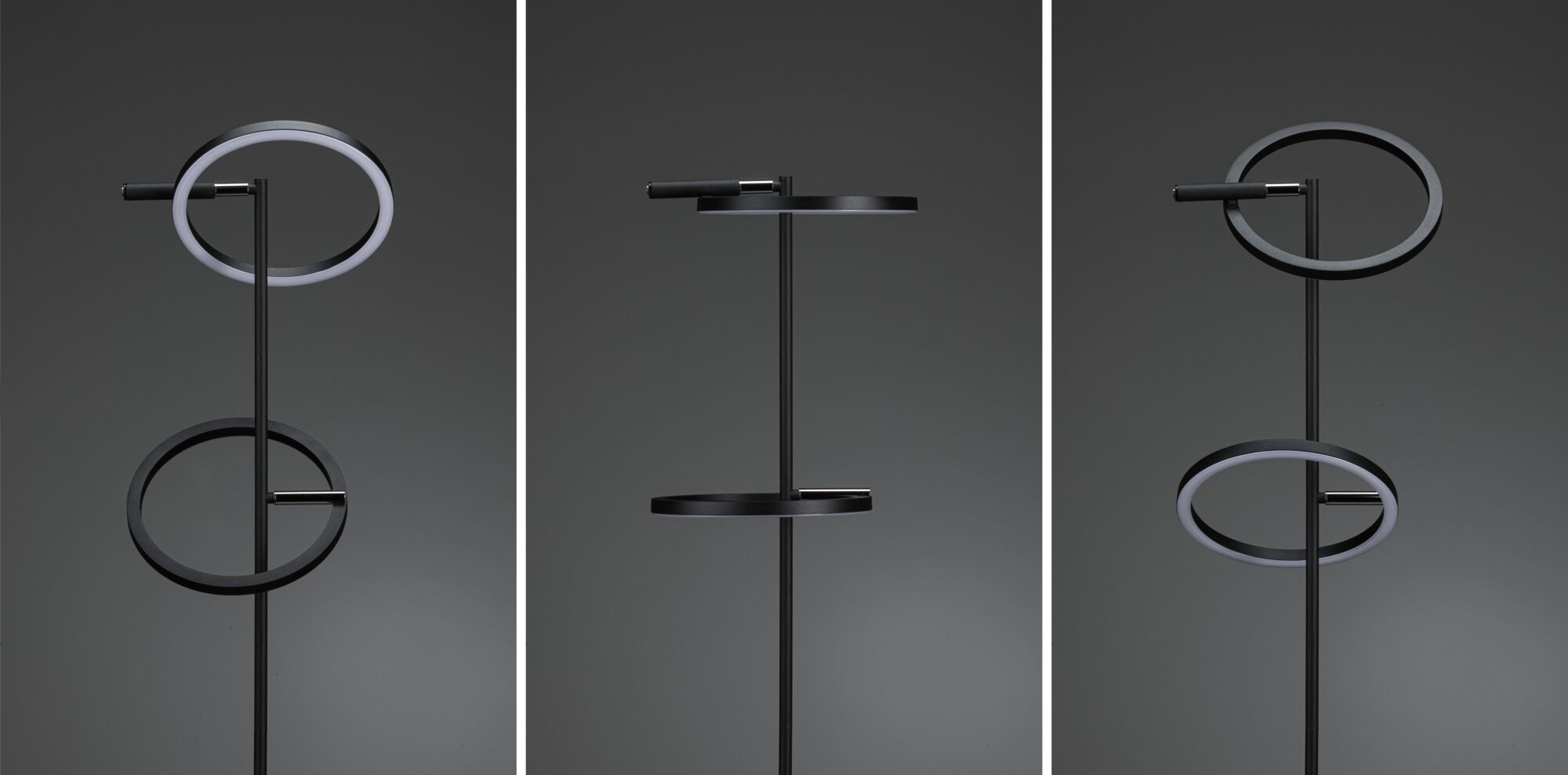 Lampadaire LED noir avec deux anneaux lumineux ronds en métal, design moderne pour intérieur