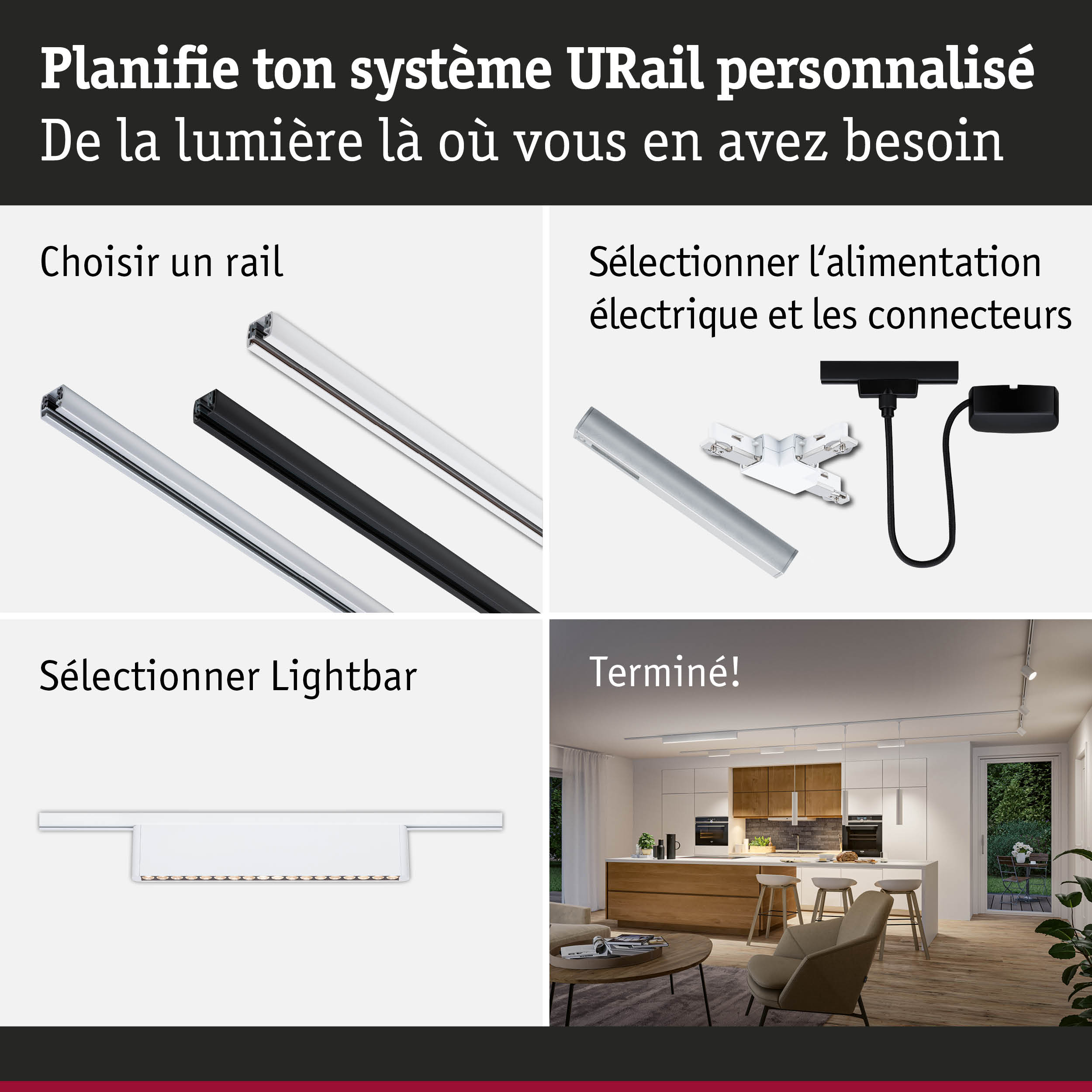 Guide pour planifier le système URail avec rails en aluminium noir et blanc pour éclairage LED