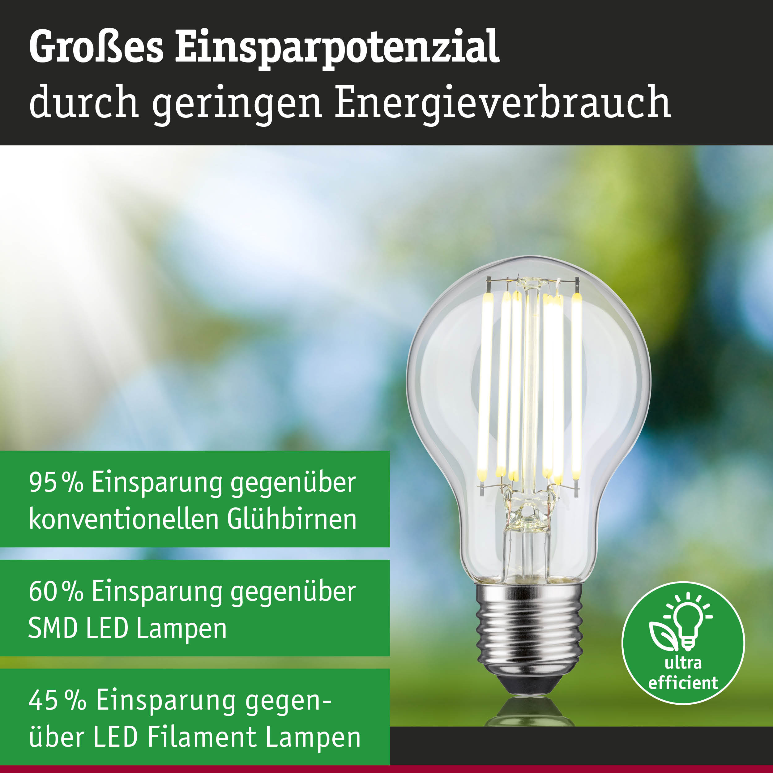 Energiesparende LED-Glühbirne mit klarem Glas und silbernem Sockel, hohe Effizienz für Beleuchtung