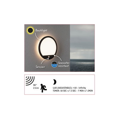 Applique murale LED ronde noire avec capteur et résistance à l'eau de mer, éclairage d'ambiance chaud.