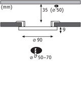 Technical drawing showing dimensions for recessed light Ø90 mm, installation depth 35 mm, cutout Ø50-70 mm