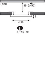 Technical drawing showing dimensions for recessed light Ø90 mm, installation depth 35 mm, cutout Ø50-70 mm