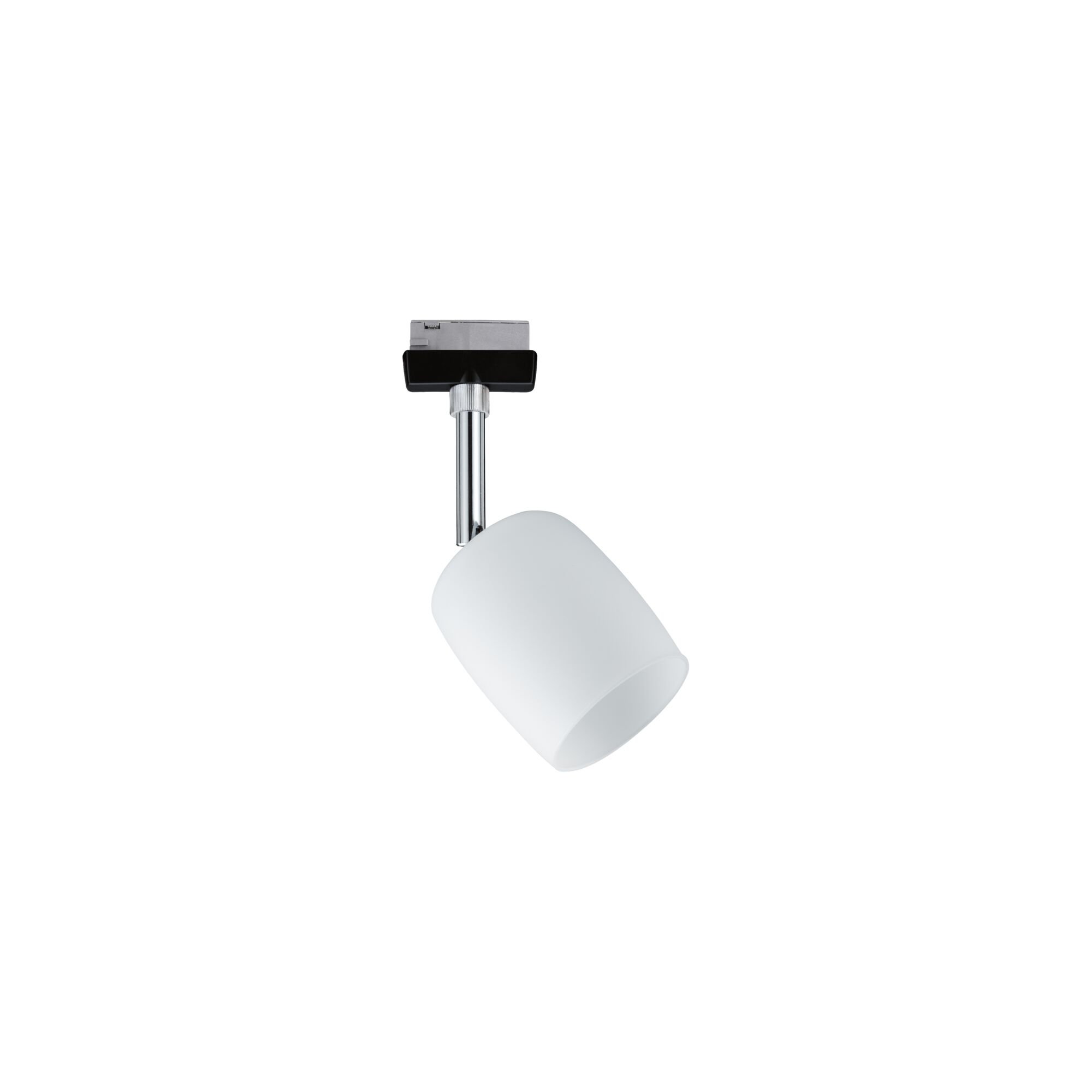 Moderner weißer Glasspot mit verchromtem Metallhalter für flexible Beleuchtung im Innenbereich