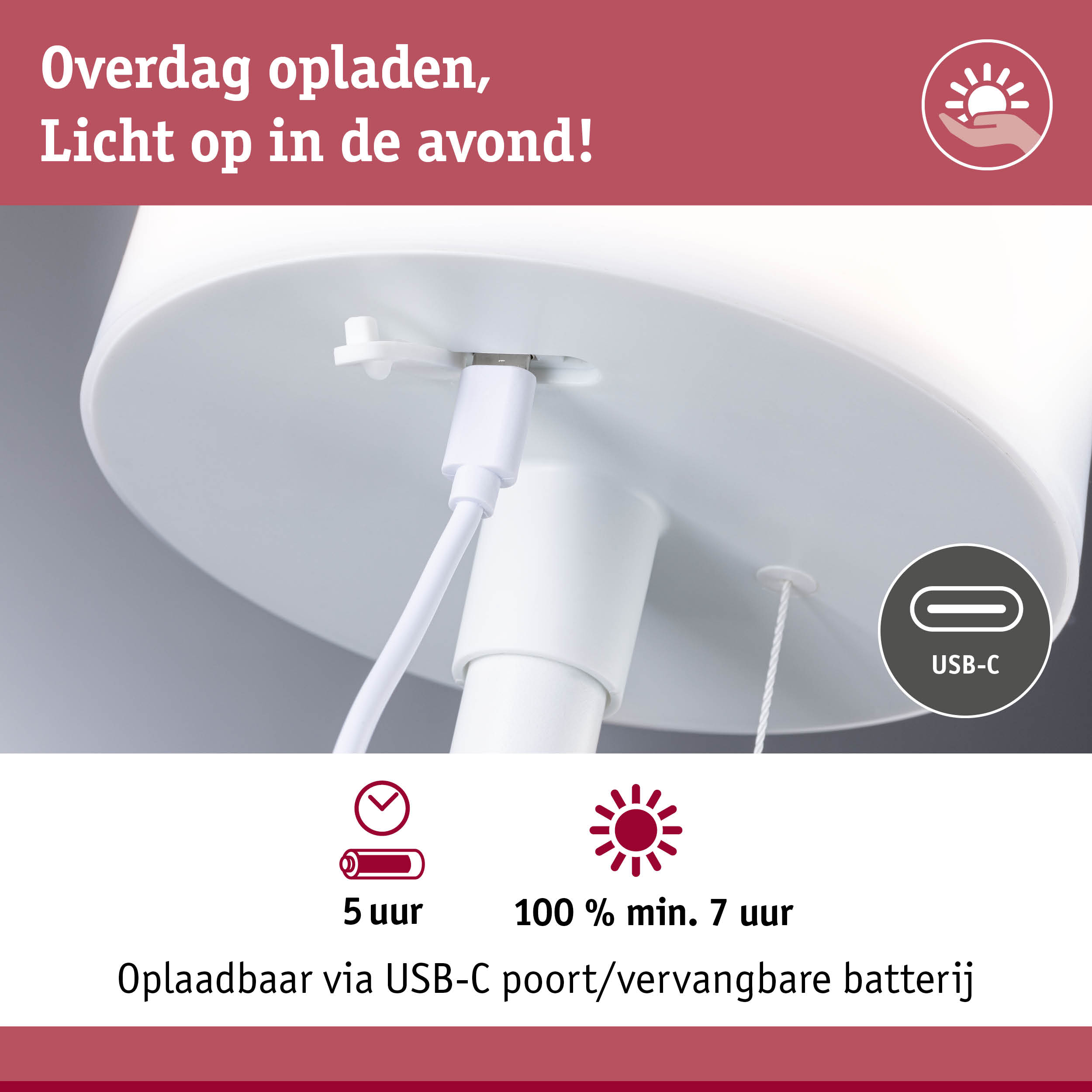 Witte lampvoet met USB-C oplaadpoort en vervangbare batterij voor minimaal 7 uur licht
