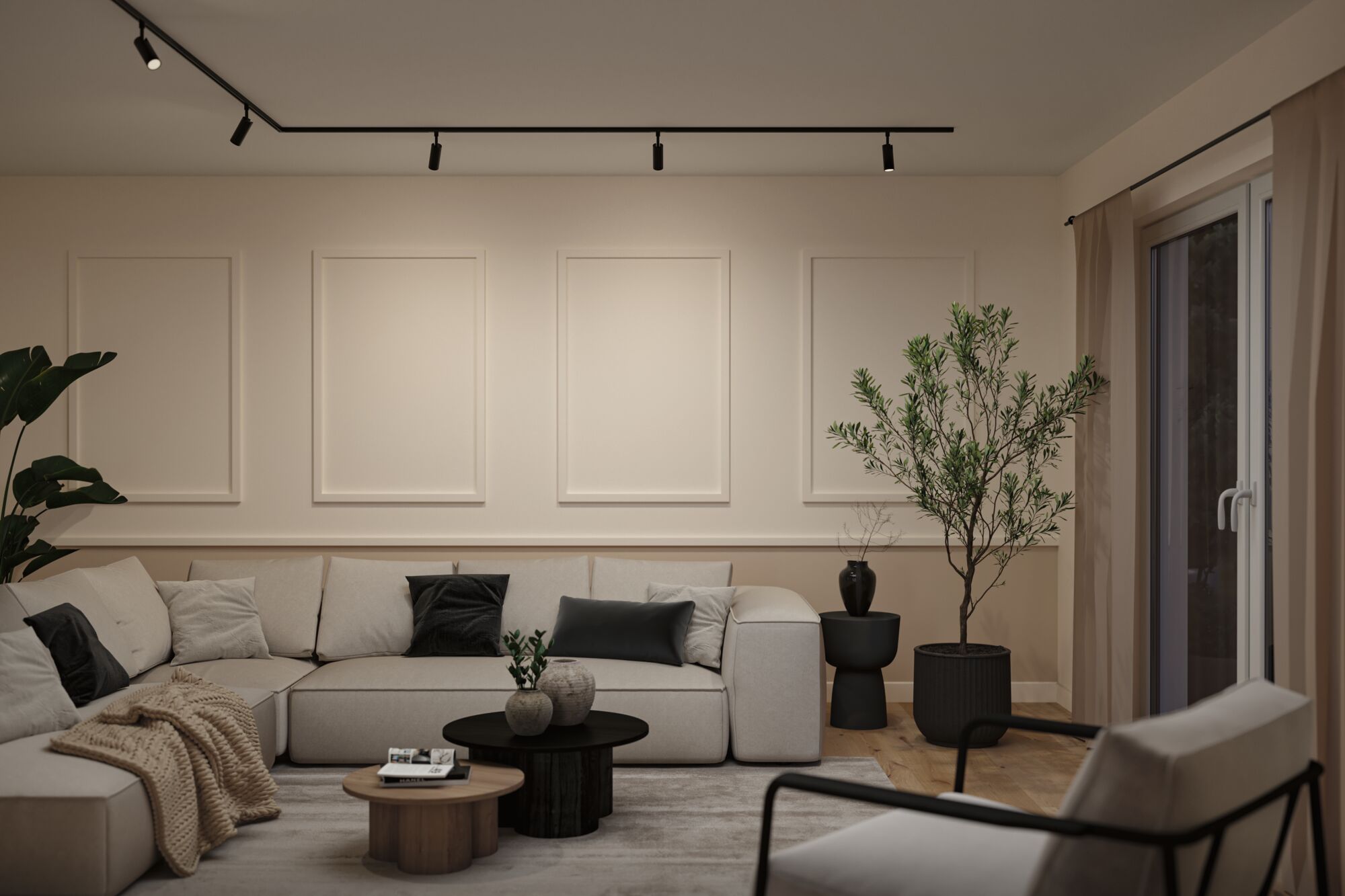 Moderne woonkamer met beige hoekbank, zwarte accenten en minimalistische plafondverlichting