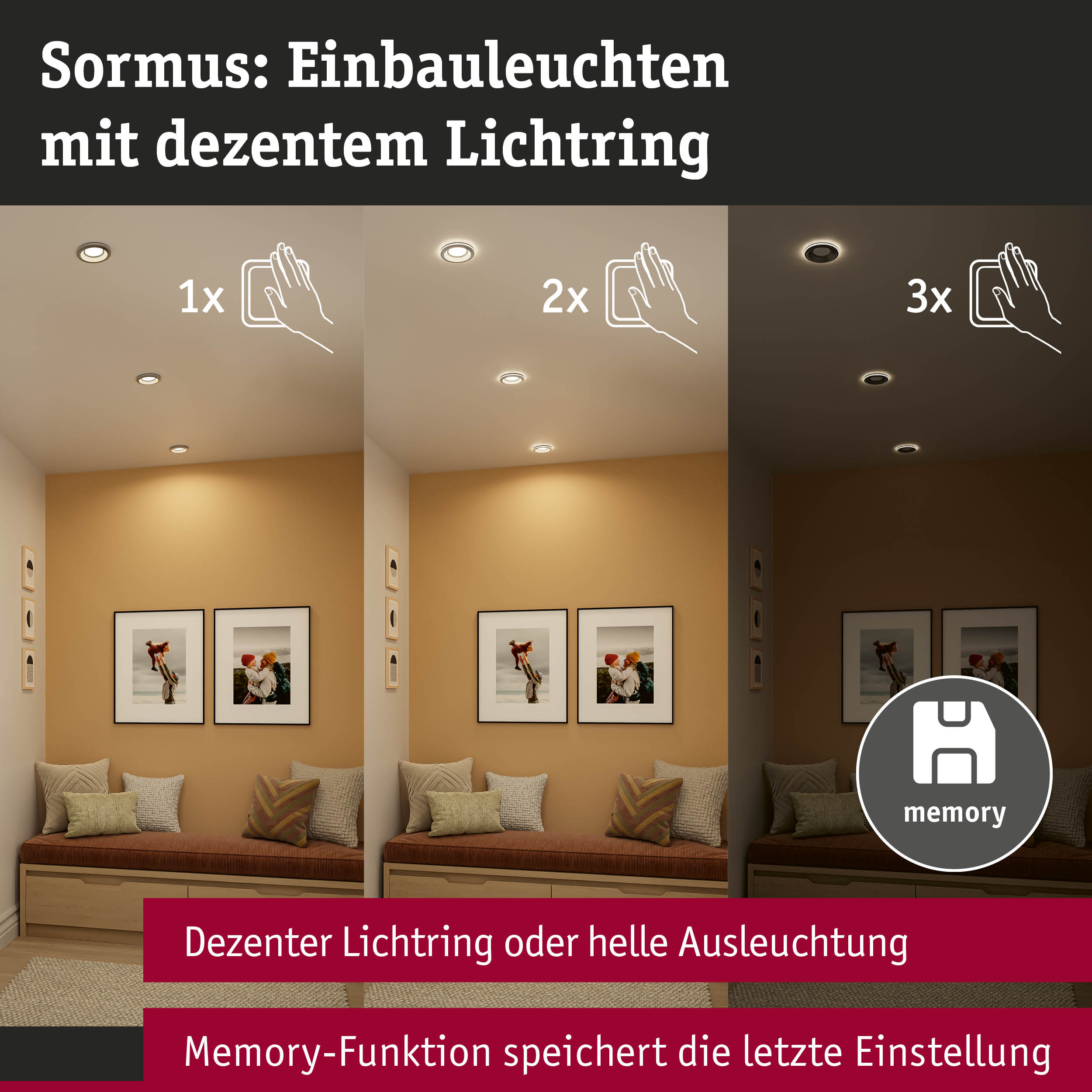 Sormus Einbauleuchten mit dezentem Lichtring in Weiß, dimmbar mit Memory-Funktion für Wohnraumbeleuchtung