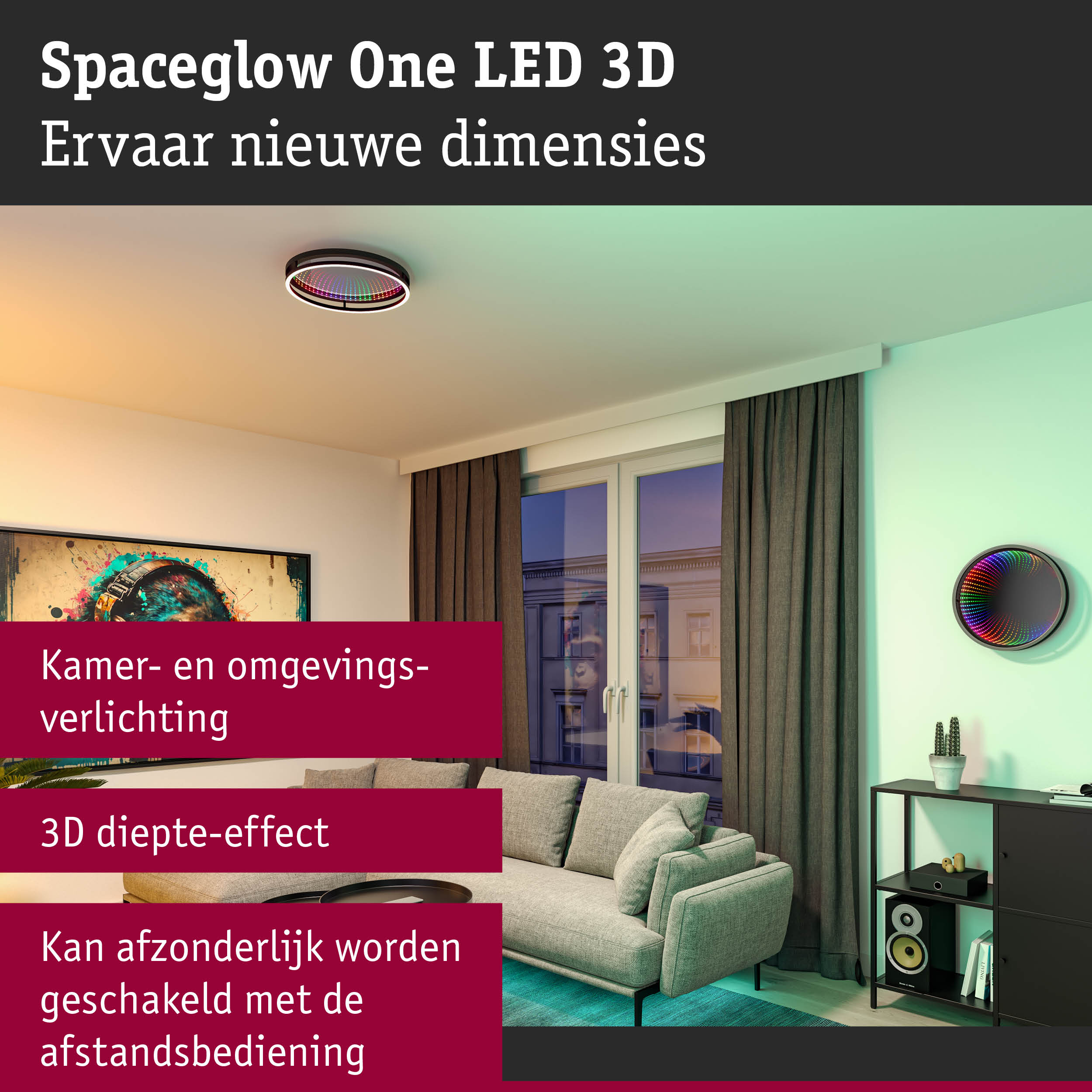 Spaceglow One LED 3D plafondlamp met 3D-diepte-effect en RGB-kleurwissel voor woonkamers