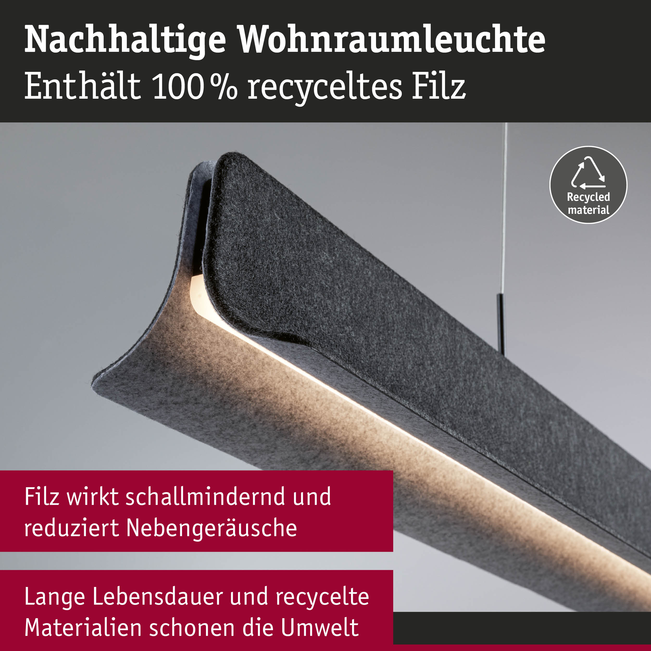 Nachhaltige Wohnraumleuchte aus grauem Filz mit LED-Licht, schallmindernd und umweltfreundlich