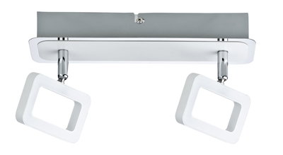 Moderne weiße LED-Deckenleuchte mit zwei rechteckigen Leuchtflächen und Chromhalterung für Wohnräume