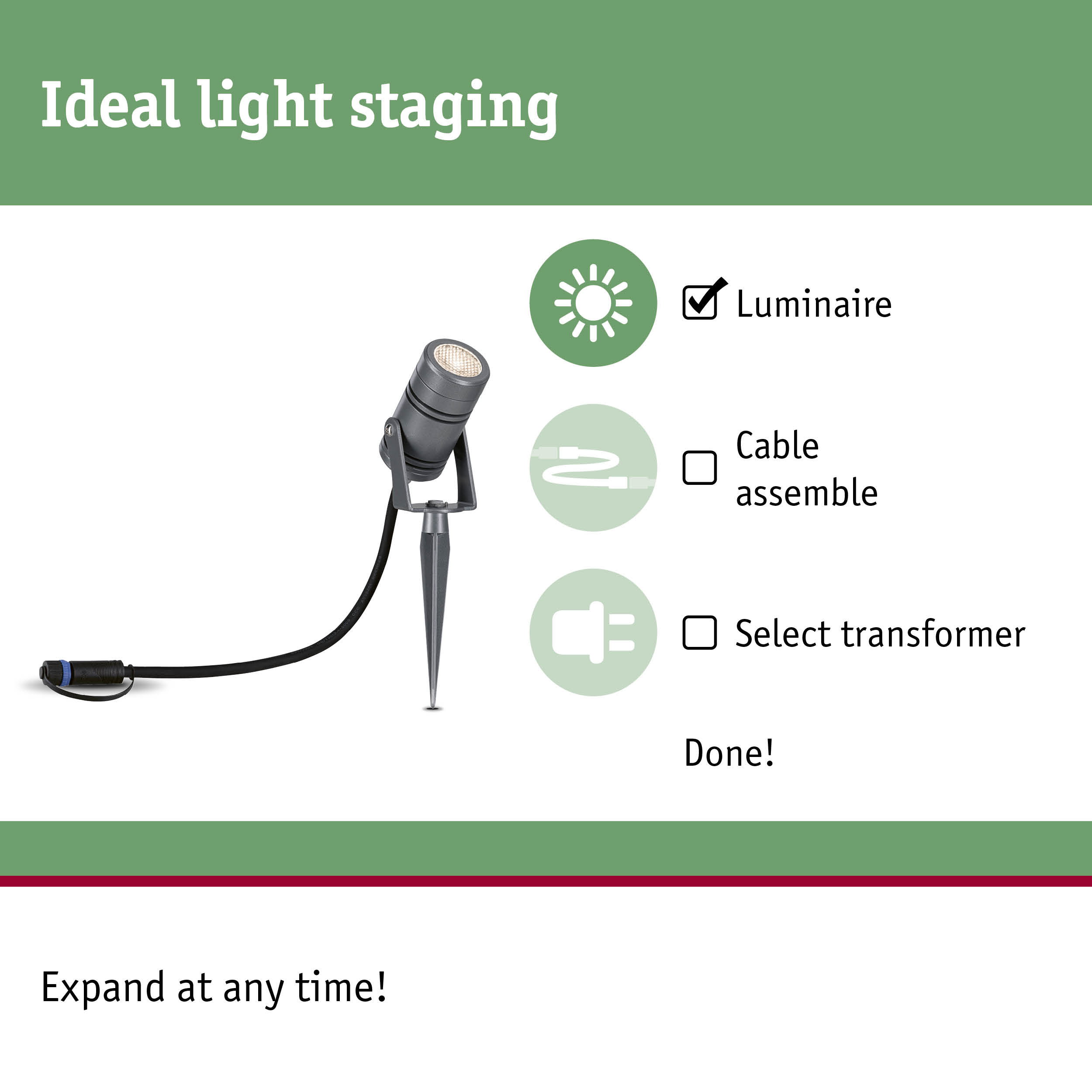 Black LED outdoor spotlight with ground spike and cable for garden lighting and light staging