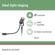 Black LED outdoor spotlight with ground spike and cable for garden lighting and light staging