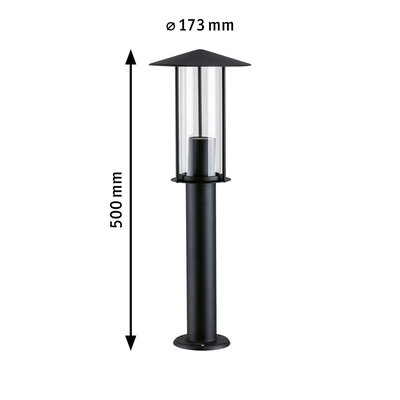 Black outdoor metal lamp with glass cylinder, 500 mm height, 173 mm diameter, garden lighting