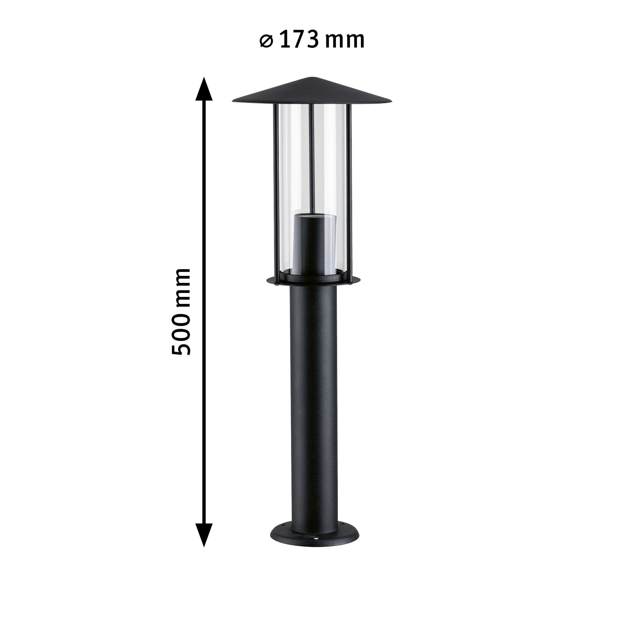 Sort udendørslampe i metal med glascylinder, 500 mm høj og 173 mm i diameter, havebelysning