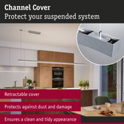 Silver aluminium retractable cover for suspended lighting systems protecting against dust and damage