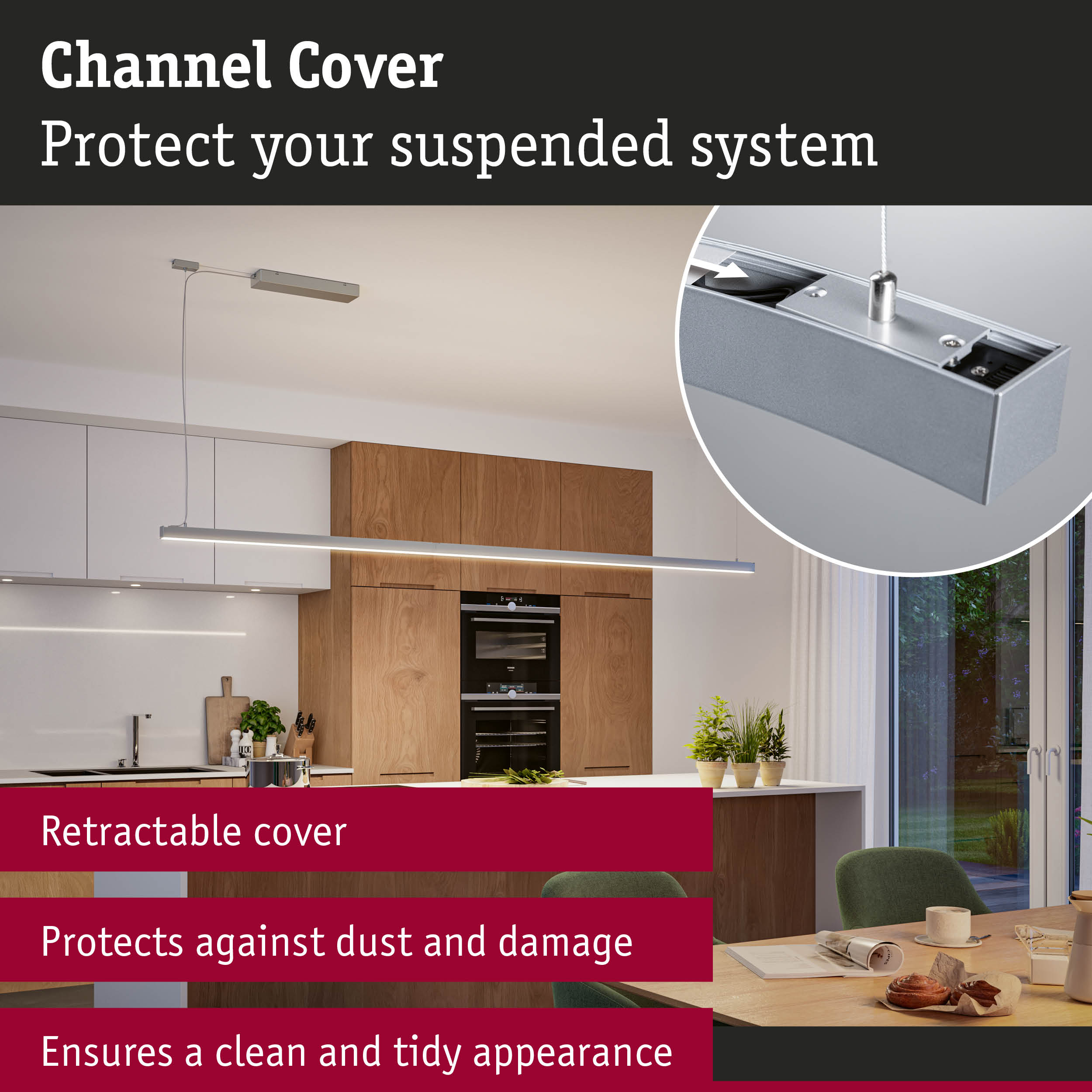Silver aluminium retractable cover for suspended lighting systems protecting against dust and damage