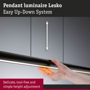 Black Lesko pendant luminaire with easy height adjustment and integrated LED light strip for modern rooms