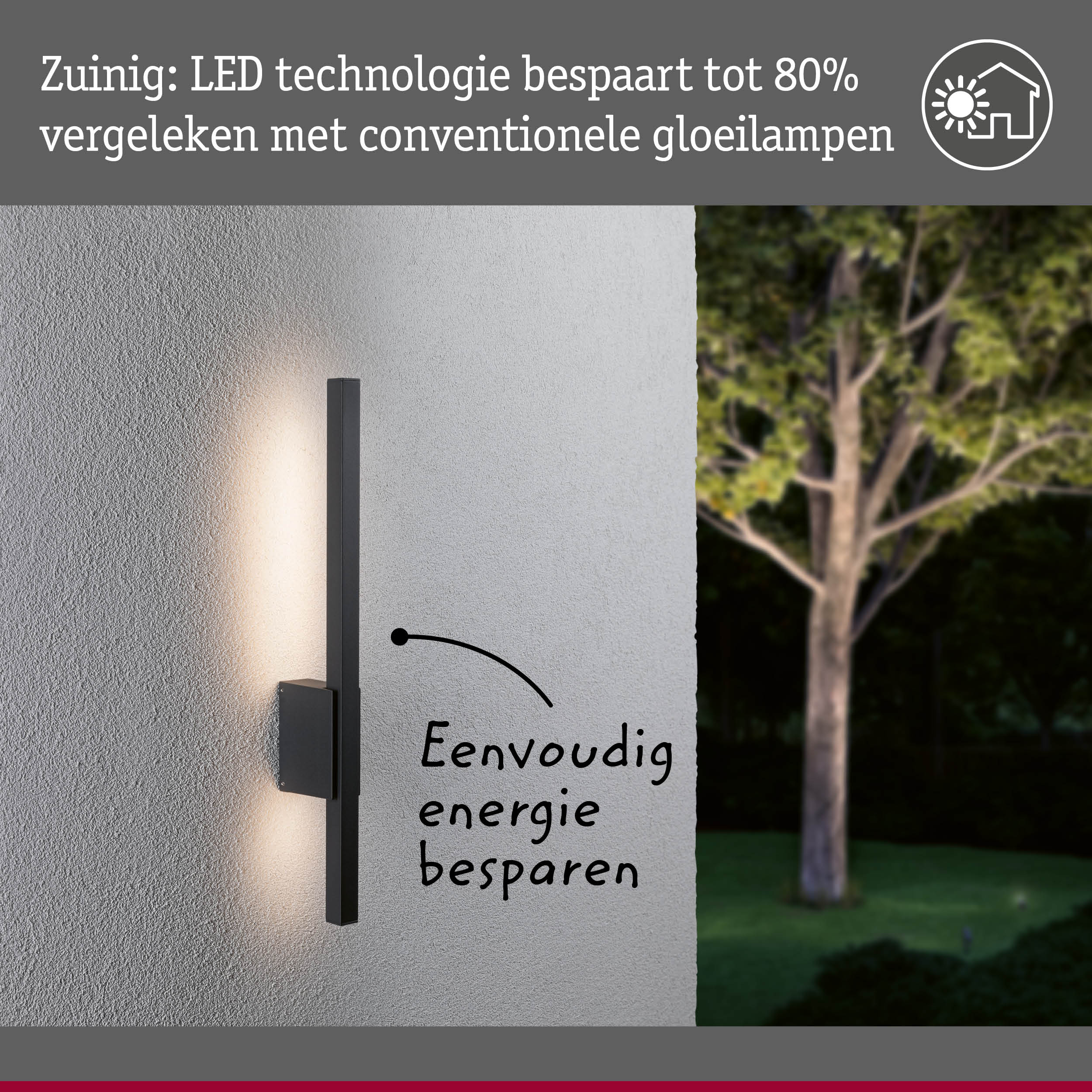 Zwarte metalen LED-wandlamp aan witte muur met energiezuinige buitenverlichting en modern design