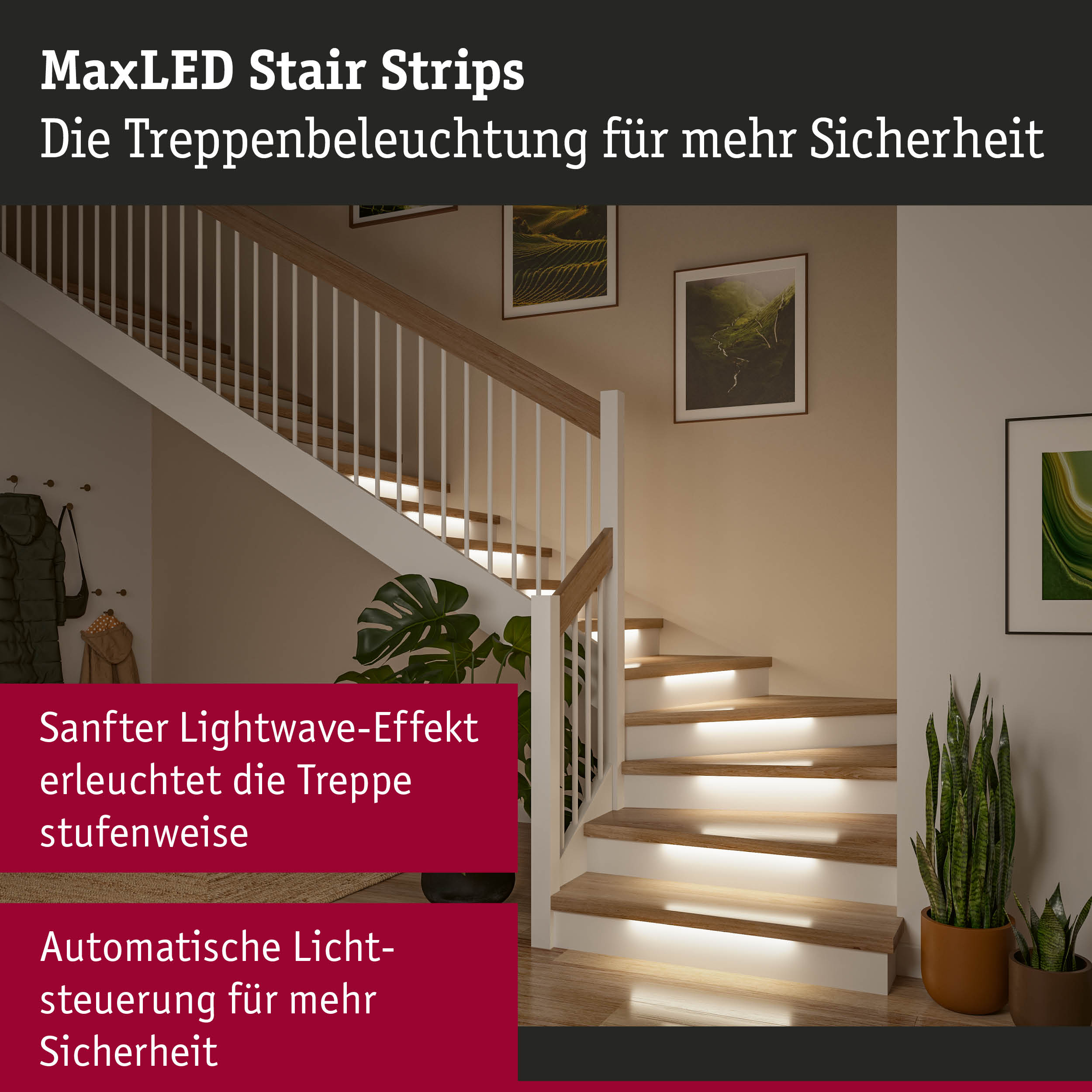 MaxLED Treppenbeleuchtung mit sanftem Lightwave-Effekt und automatischer Steuerung für mehr Sicherheit