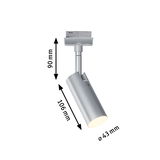 Silver metal LED spotlight with 90 mm height and 43 mm diameter for modern indoor lighting