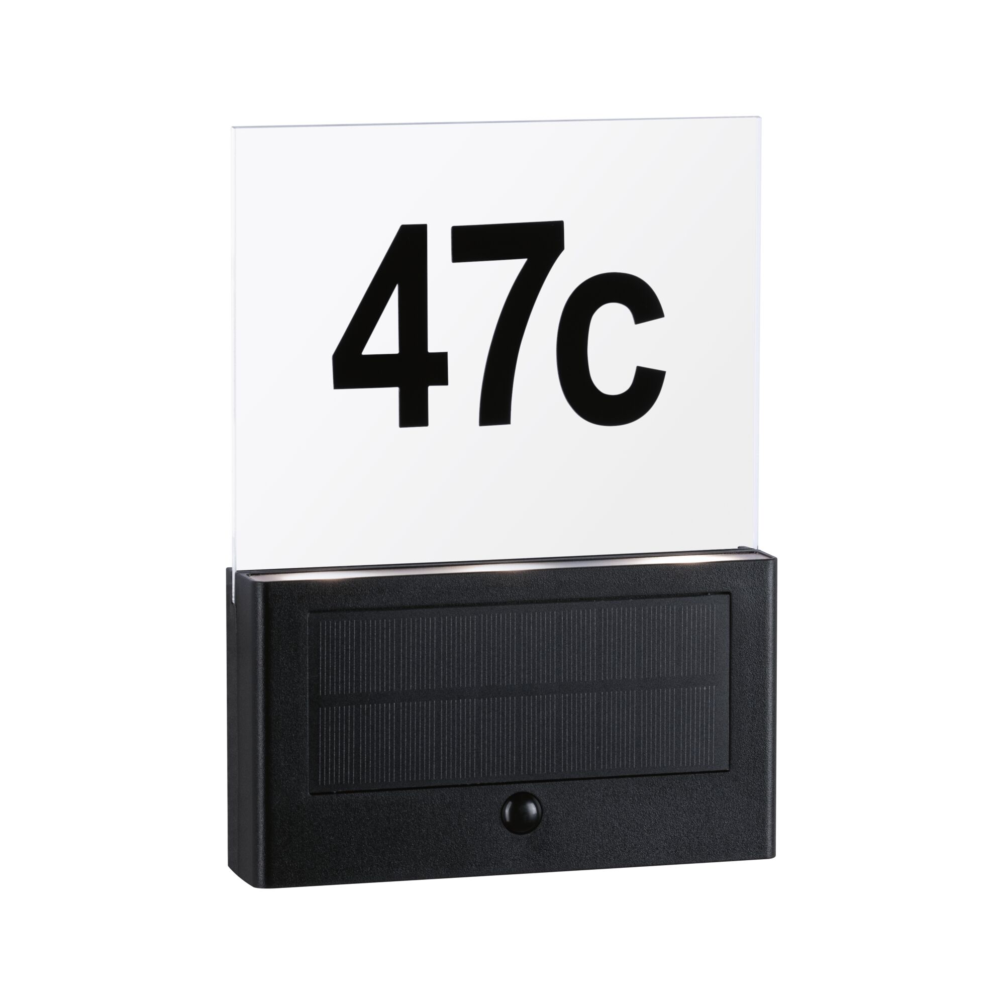 Black solar house number sign with clear acrylic plate and black digits 47c for outdoor lighting
