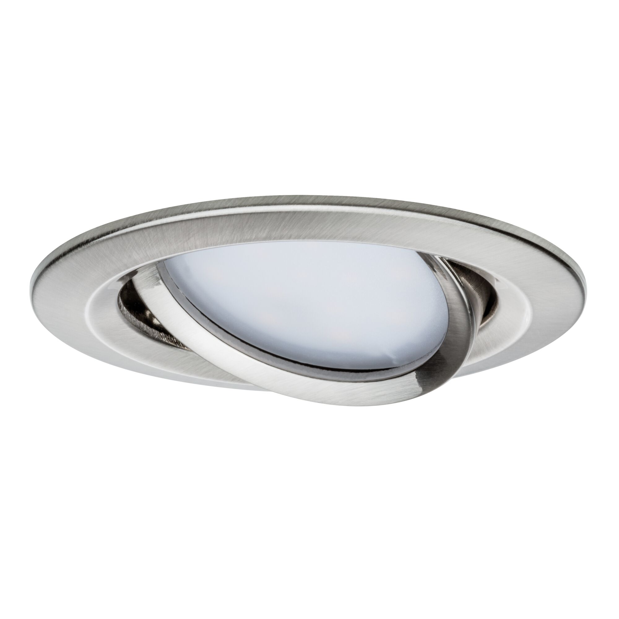 Rundstrahler aus gebürstetem Edelstahl mit weißem Diffusor für moderne LED-Einbauleuchten